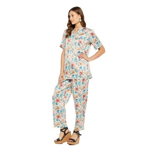 Gypsie Blu Satin Co-Ord Set Floral Printed Pajama Shirt Set 2 Piece for Ladies - Picture 3 of 7